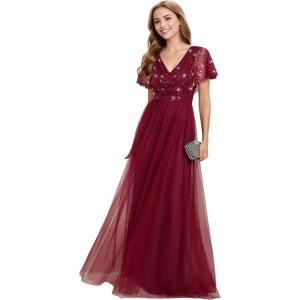 imageEverPretty Womens V Neck Evening Dresses Ruffles Sleeves Sequin Empire Waist ALine Maxi Formal Dresses 02223Burgundy