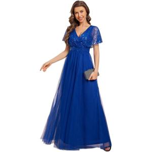 imageEverPretty Womens V Neck Evening Dresses Ruffles Sleeves Sequin Empire Waist ALine Maxi Formal Dresses 02223Sapphire Blue
