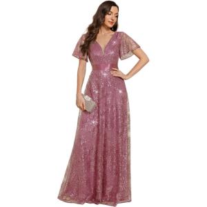imageEverPretty Womens VNeck Sequin Embroidered Short Sleeve FloorLength ALine Empire Waist Evening Dresses 02314Orchid