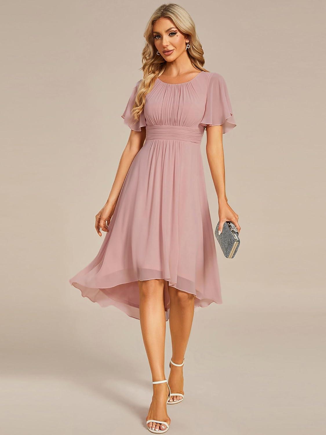 imageEverPretty Womens Chiffon Crew Neck Pleated Waist Short Sleeve Wedding Guest Dress 02053Dusty Rose