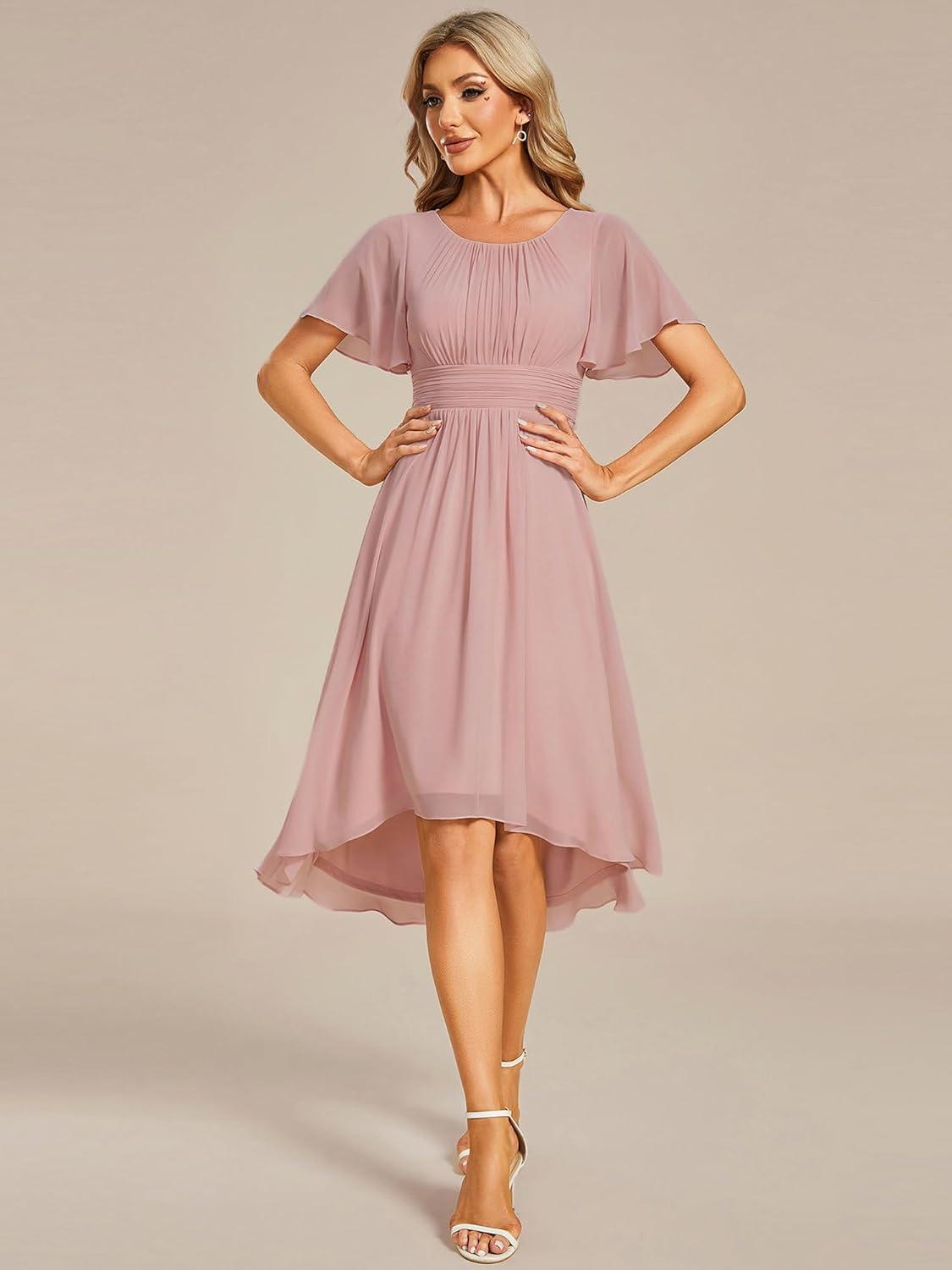 imageEverPretty Womens Chiffon Crew Neck Pleated Waist Short Sleeve Wedding Guest Dress 02053Dusty Rose