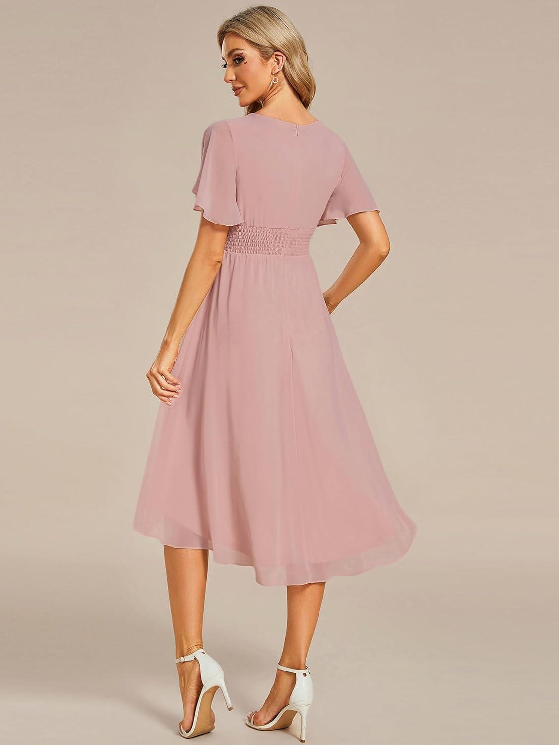 imageEverPretty Womens Chiffon Crew Neck Pleated Waist Short Sleeve Wedding Guest Dress 02053Dusty Rose