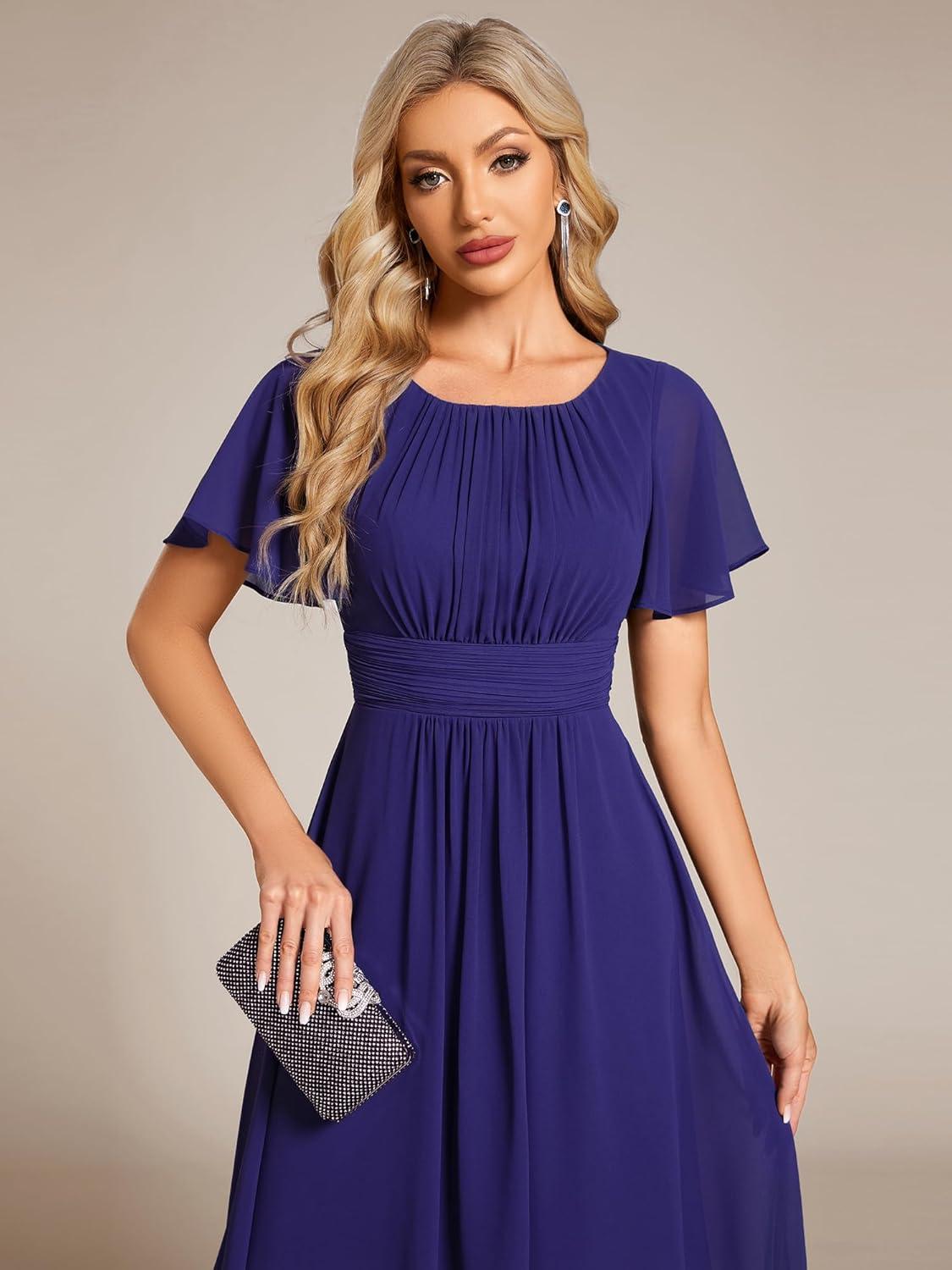 imageEverPretty Womens Chiffon Crew Neck Pleated Waist Short Sleeve Wedding Guest Dress 02053Sapphire Blue