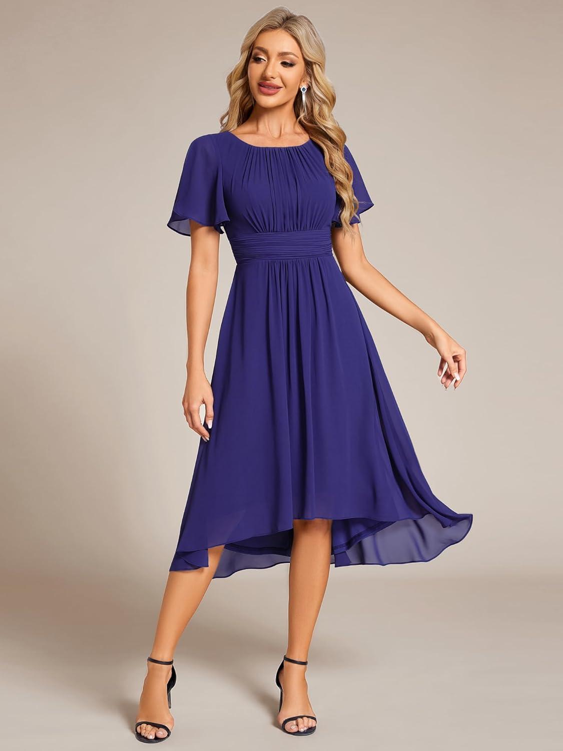 imageEverPretty Womens Chiffon Crew Neck Pleated Waist Short Sleeve Wedding Guest Dress 02053Sapphire Blue