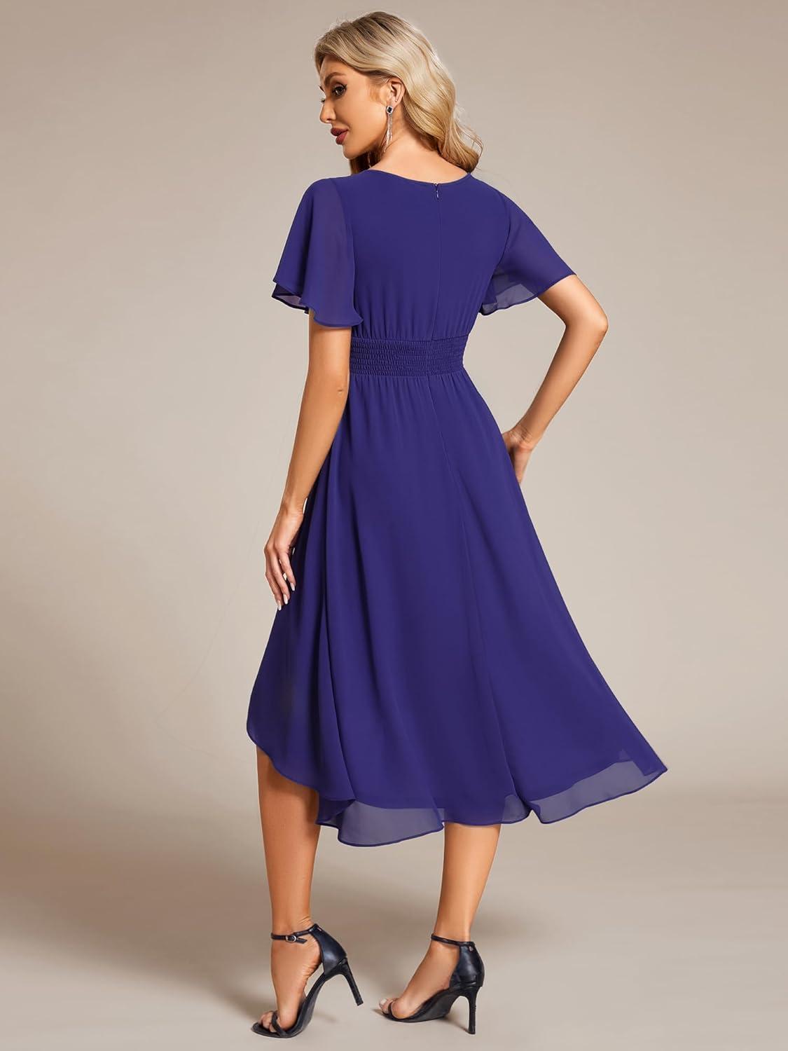 imageEverPretty Womens Chiffon Crew Neck Pleated Waist Short Sleeve Wedding Guest Dress 02053Sapphire Blue