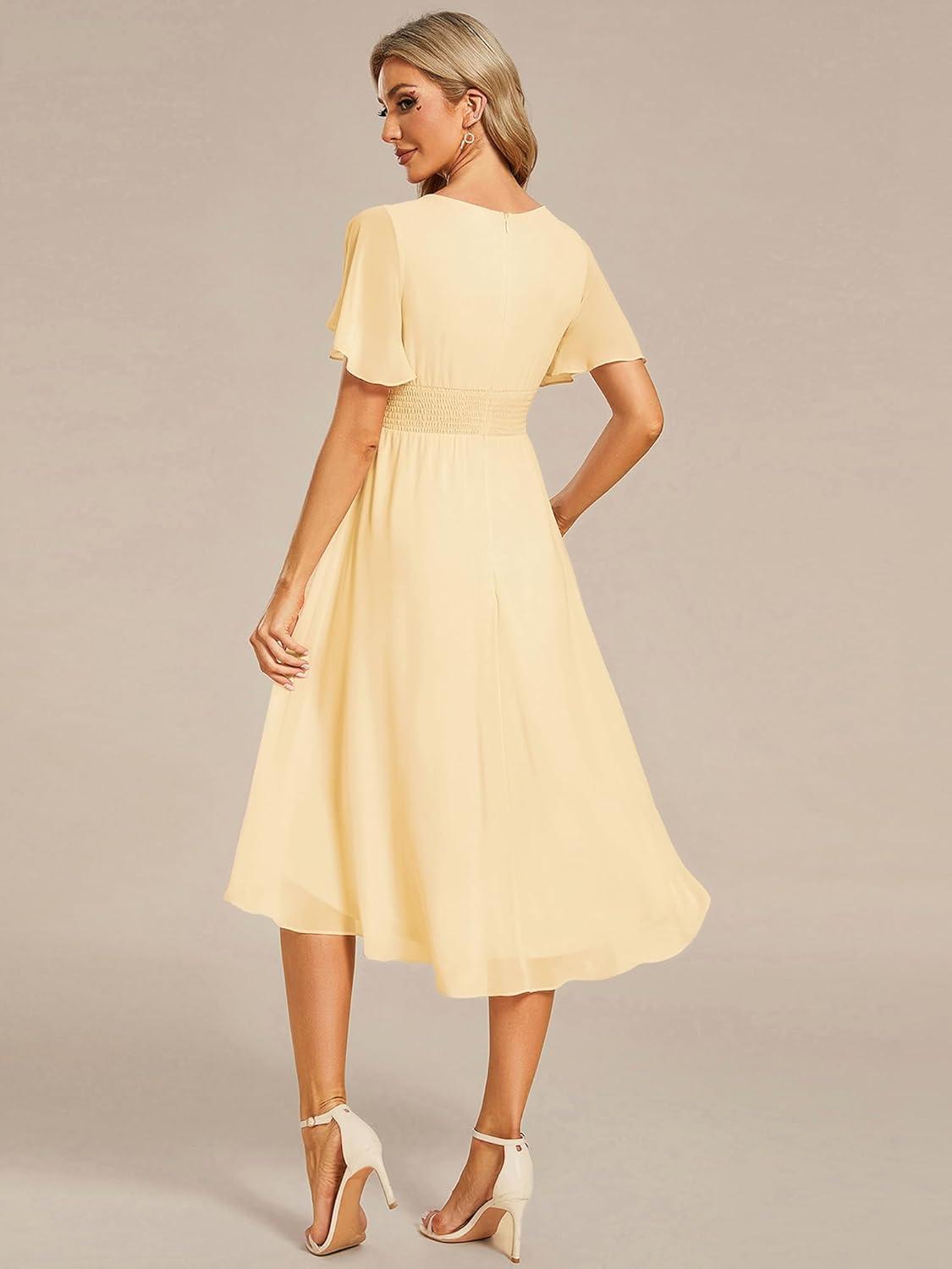 imageEverPretty Womens Chiffon Crew Neck Pleated Waist Short Sleeve Wedding Guest Dress 02053Yellow