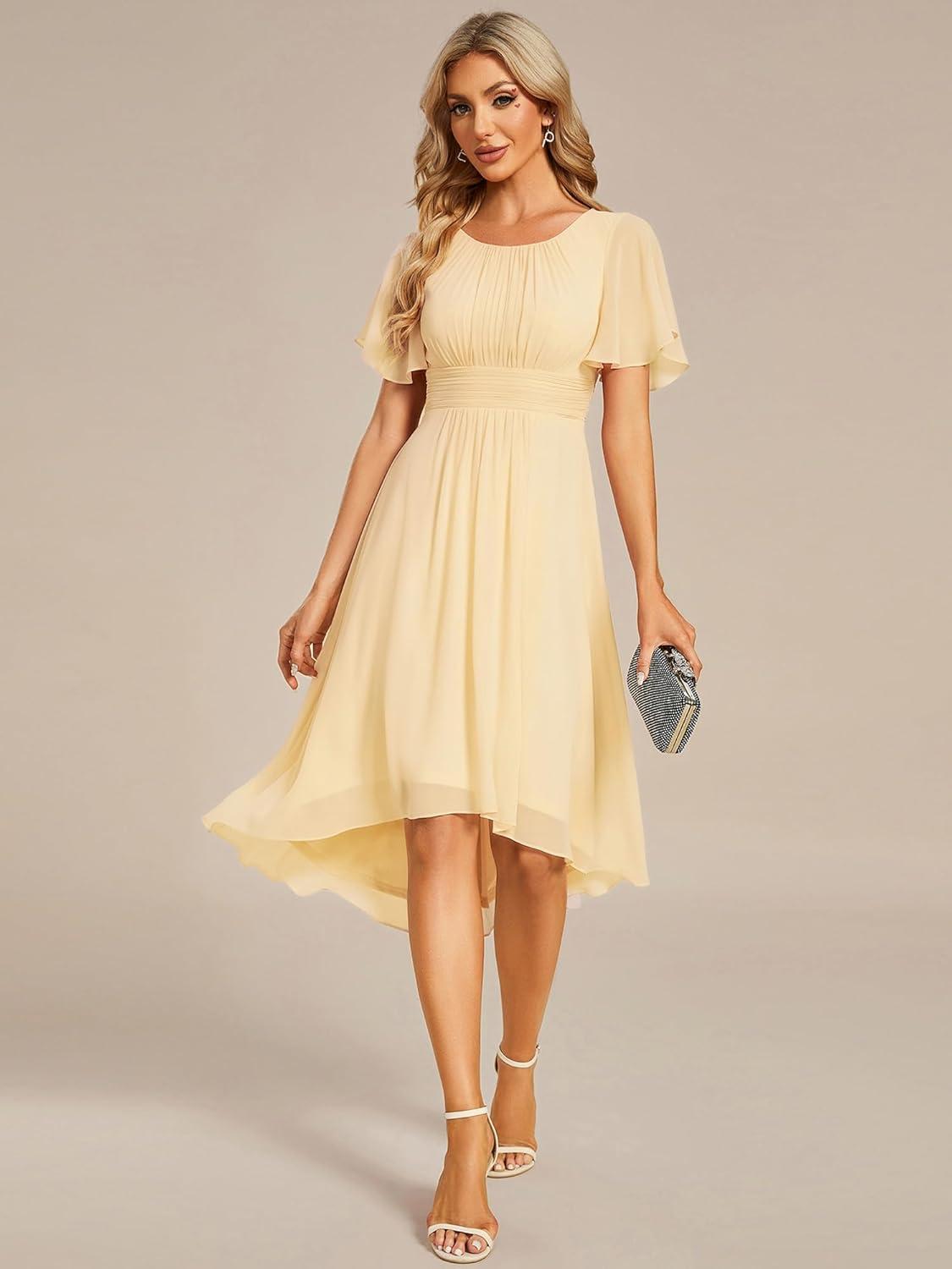 imageEverPretty Womens Chiffon Crew Neck Pleated Waist Short Sleeve Wedding Guest Dress 02053Yellow
