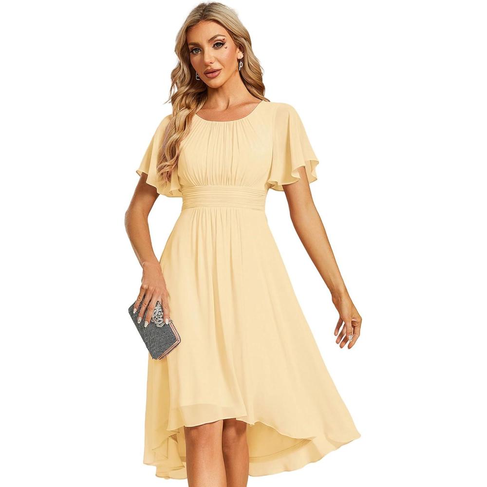imageEverPretty Womens Chiffon Crew Neck Pleated Waist Short Sleeve Wedding Guest Dress 02053Yellow