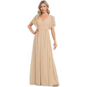 imageEverPretty Womens Bridesmaid Dress VNeck Ruffle Sleeves Ruched Bust Floor Length Chiffon Formal Dresses 0164AChampagne
