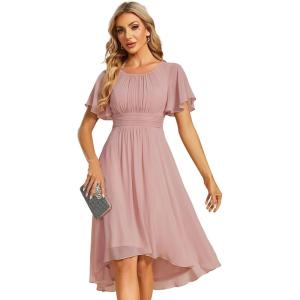 imageEverPretty Womens Chiffon Crew Neck Pleated Waist Short Sleeve Wedding Guest Dress 02053Dusty Rose