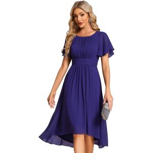 imageEverPretty Womens Chiffon Crew Neck Pleated Waist Short Sleeve Wedding Guest Dress 02053Sapphire Blue