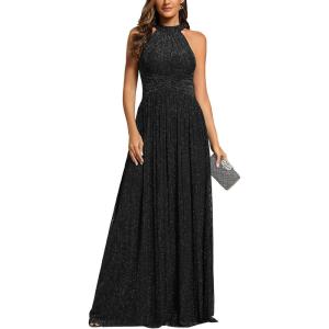 imageEverPretty Womens Summer Halter Sleeveless Pletaed Floor Length Glitter Formal Evening Gowns 41961Black