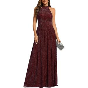 imageEverPretty Womens Summer Halter Sleeveless Pletaed Floor Length Glitter Formal Evening Gowns 41961Burgundy