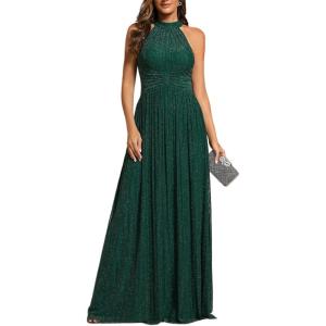 imageEverPretty Womens Summer Halter Sleeveless Pletaed Floor Length Glitter Formal Evening Gowns 41961Dark Green
