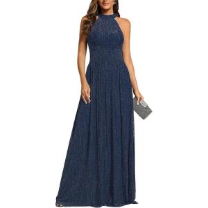 imageEverPretty Womens Summer Halter Sleeveless Pletaed Floor Length Glitter Formal Evening Gowns 41961Navy Blue