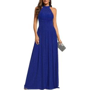 imageEverPretty Womens Summer Halter Sleeveless Pletaed Floor Length Glitter Formal Evening Gowns 41961Sapphire Blue