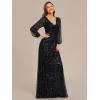 imageEverPretty Womens Sparkle Sequin ALine V Neck Beaded Evening Gown Long Sheer Sleeves Formal Dresses 01999Black
