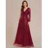 imageEverPretty Womens Sparkle Sequin ALine V Neck Beaded Evening Gown Long Sheer Sleeves Formal Dresses 01999Burgundy
