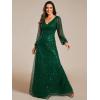 imageEverPretty Womens Sparkle Sequin ALine V Neck Beaded Evening Gown Long Sheer Sleeves Formal Dresses 01999Dark Green