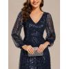imageEverPretty Womens Sparkle Sequin ALine V Neck Beaded Evening Gown Long Sheer Sleeves Formal Dresses 01999Navy Blue