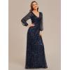 imageEverPretty Womens Sparkle Sequin ALine V Neck Beaded Evening Gown Long Sheer Sleeves Formal Dresses 01999Navy Blue