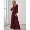 imageEverPretty Womens V Neck Long Lantern Sleeves Floor Length Ruched Chiffon ALine Formal Evening Dress 00461Burgundy