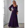 imageEverPretty Womens V Neck Long Lantern Sleeves Floor Length Ruched Chiffon ALine Formal Evening Dress 00461Deep Purple