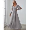imageEverPretty Womens V Neck Long Lantern Sleeves Floor Length Ruched Chiffon ALine Formal Evening Dress 00461Gray