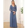 imageEverPretty Womens V Neck Long Lantern Sleeves Floor Length Ruched Chiffon ALine Formal Evening Dress 00461Haze Blue
