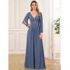 imageEverPretty Womens V Neck Long Lantern Sleeves Floor Length Ruched Chiffon ALine Formal Evening Dress 00461Haze Blue