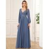 imageEverPretty Womens V Neck Long Lantern Sleeves Floor Length Ruched Chiffon ALine Formal Evening Dress 00461Haze Blue
