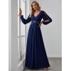 imageEverPretty Womens V Neck Long Lantern Sleeves Floor Length Ruched Chiffon ALine Formal Evening Dress 00461Navy Blue