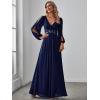 imageEverPretty Womens V Neck Long Lantern Sleeves Floor Length Ruched Chiffon ALine Formal Evening Dress 00461Navy Blue