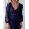 imageEverPretty Womens V Neck Long Lantern Sleeves Floor Length Ruched Chiffon ALine Formal Evening Dress 00461Navy Blue