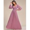 imageEverPretty Womens V Neck Long Lantern Sleeves Floor Length Ruched Chiffon ALine Formal Evening Dress 00461Orchid