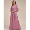 imageEverPretty Womens V Neck Long Lantern Sleeves Floor Length Ruched Chiffon ALine Formal Evening Dress 00461Orchid