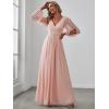 imageEverPretty Womens V Neck Long Lantern Sleeves Floor Length Ruched Chiffon ALine Formal Evening Dress 00461Pink