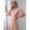imageEverPretty Womens V Neck Long Lantern Sleeves Floor Length Ruched Chiffon ALine Formal Evening Dress 00461Pink