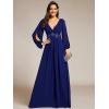imageEverPretty Womens V Neck Long Lantern Sleeves Floor Length Ruched Chiffon ALine Formal Evening Dress 00461Royal Blue