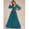 imageEverPretty Womens V Neck Long Lantern Sleeves Floor Length Ruched Chiffon ALine Formal Evening Dress 00461Teal