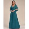 imageEverPretty Womens V Neck Long Lantern Sleeves Floor Length Ruched Chiffon ALine Formal Evening Dress 00461Teal