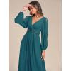 imageEverPretty Womens V Neck Long Lantern Sleeves Floor Length Ruched Chiffon ALine Formal Evening Dress 00461Teal