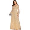 imageEverPretty Womens Sparkle Sequin ALine V Neck Beaded Evening Gown Long Sheer Sleeves Formal Dresses 01999Gold