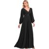 imageEverPretty Womens V Neck Long Lantern Sleeves Floor Length Ruched Chiffon ALine Formal Evening Dress 00461Black