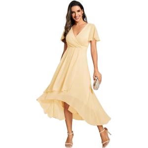 imageEverPretty Womens A Line V Neck Ruffle Sleeves Pleated High Low Formal Dresses 02084Yellow