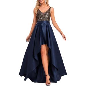 imageEverPretty Womens Bridesmaid Dresses Summer Glitter VNeck Aline HighLow Wedding Guest Dresses 00667Navy Blue