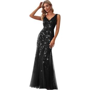 imageEverPretty Womens Formal Dress Sequin Tulle Double VNeck Sleeveless Mermaid Long Evening Dress 07886Black