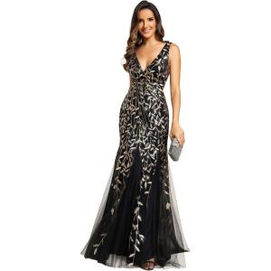imageEverPretty Womens Formal Dress Sequin Tulle Double VNeck Sleeveless Mermaid Long Evening Dress 07886Black Gold
