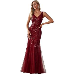 imageEverPretty Womens Formal Dress Sequin Tulle Double VNeck Sleeveless Mermaid Long Evening Dress 07886Burgundy