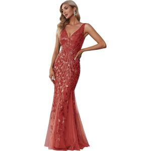 imageEverPretty Womens Formal Dress Sequin Tulle Double VNeck Sleeveless Mermaid Long Evening Dress 07886Burnt Orange